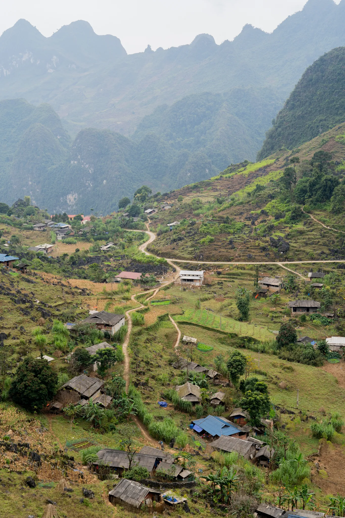 Terraced hamlet scattered along a limestone karst valley, Vietnam