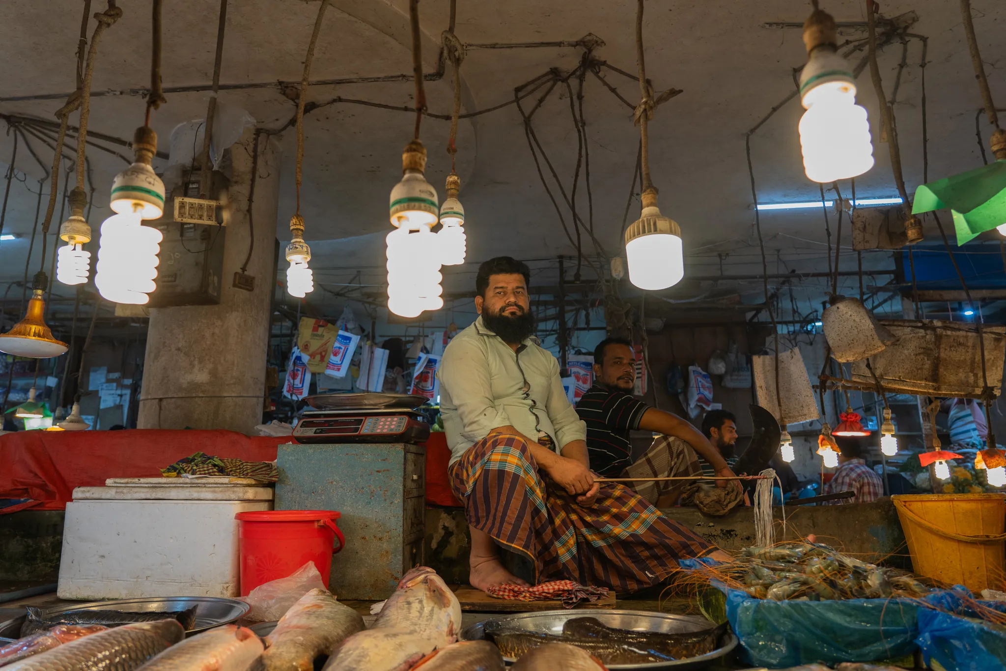 Fish seller in between the lights, Bangladesh