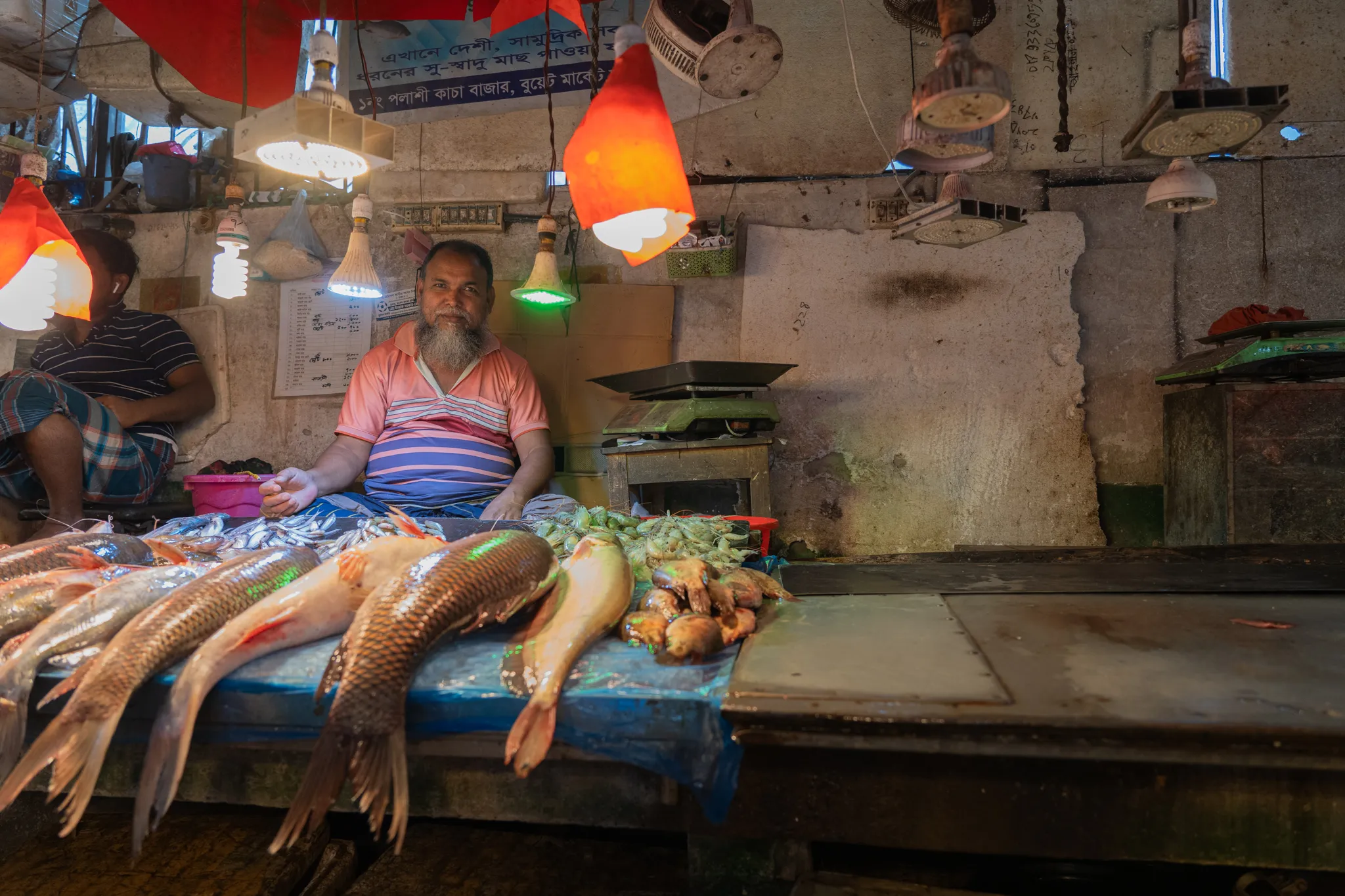 Fish seller behind his morning catch, Bangladesh