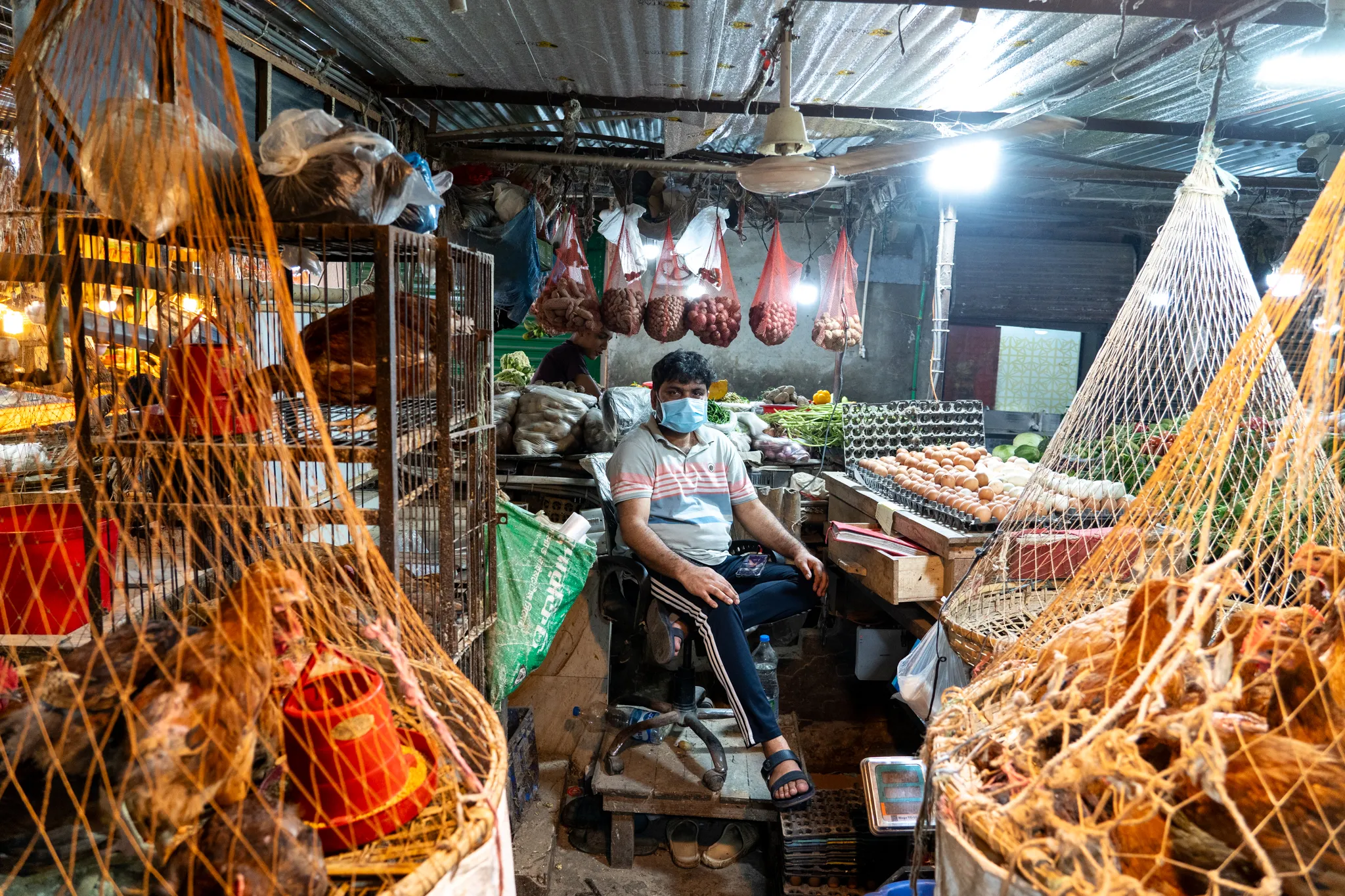 Egg and chicken seller behind his counter, Bangladesh