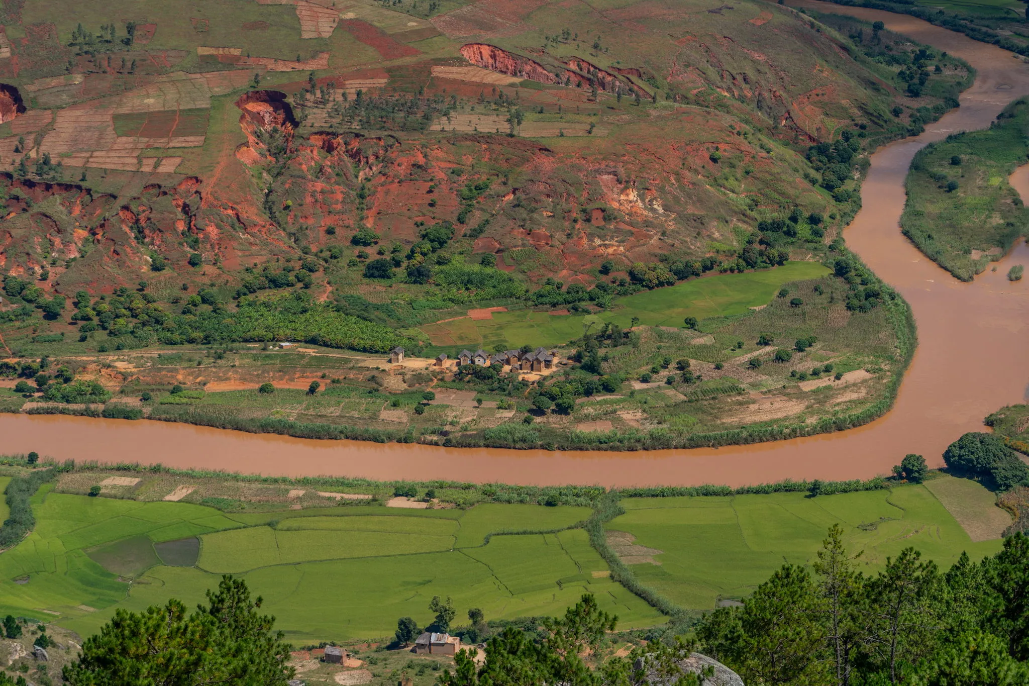 Village on the river in the southern highlands, Madagascar