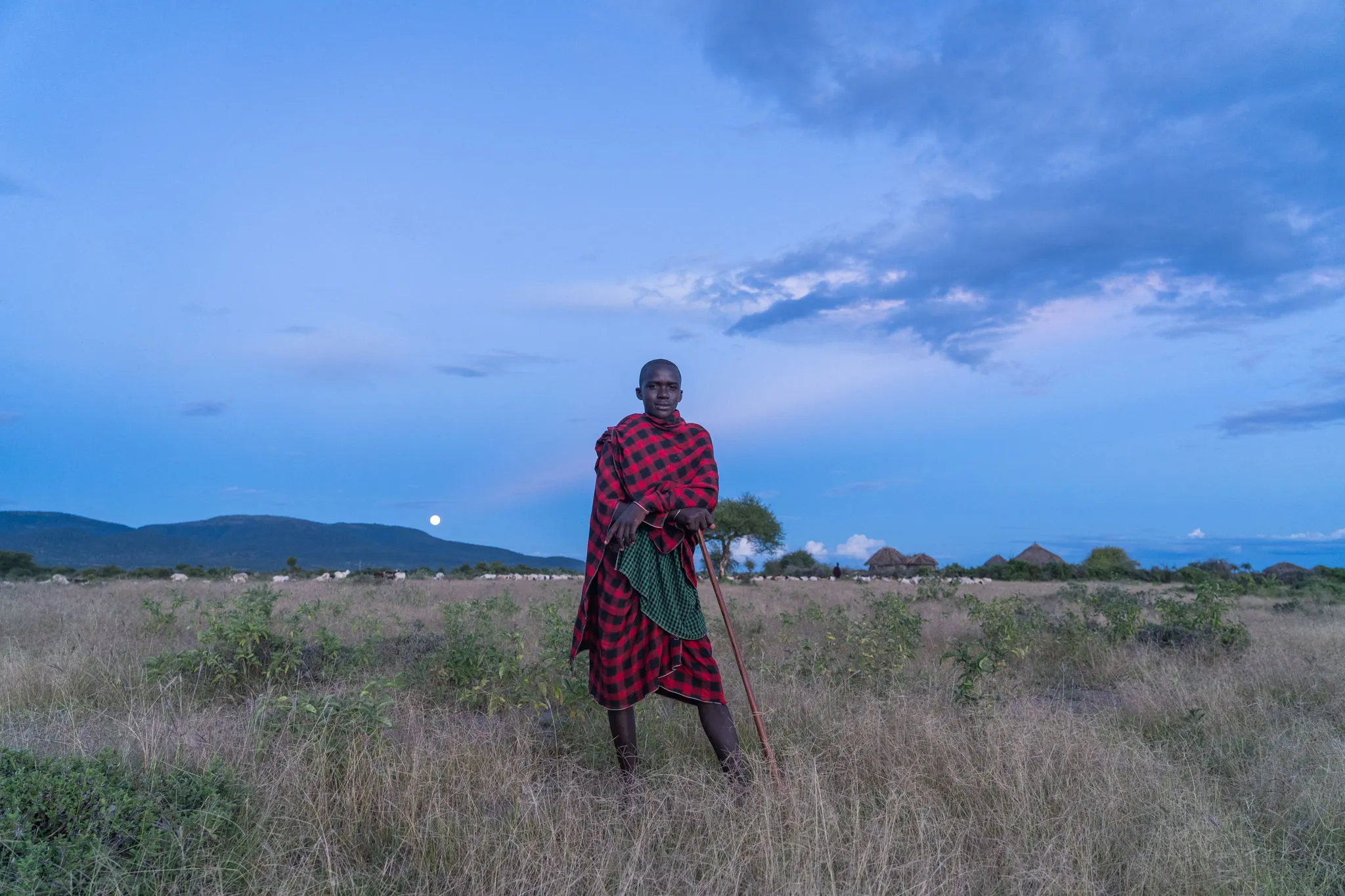 Moonrise over the boma in the Massai countryside, Tanzania