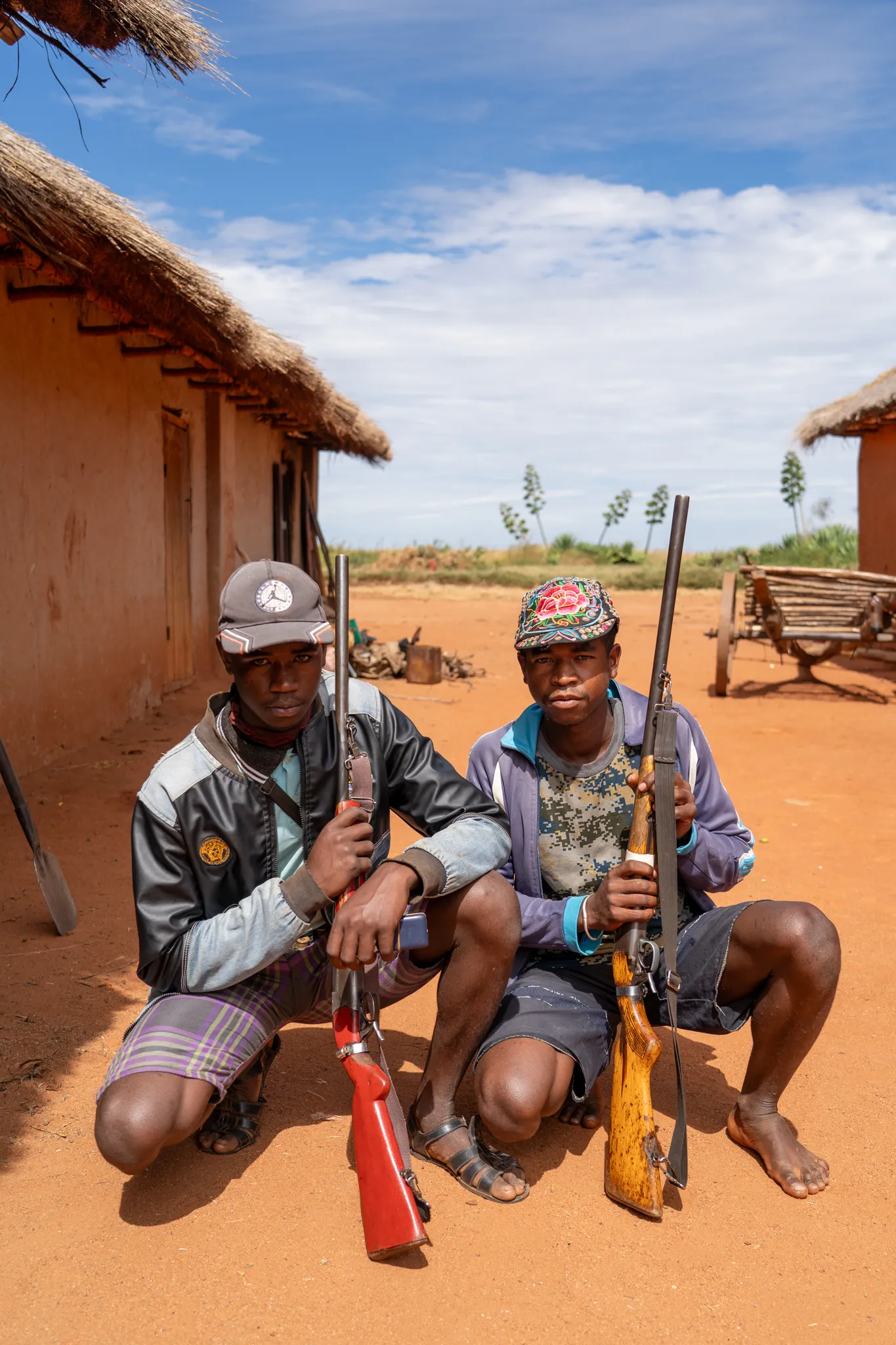 Two young Bara men with rifles, Madagascar
