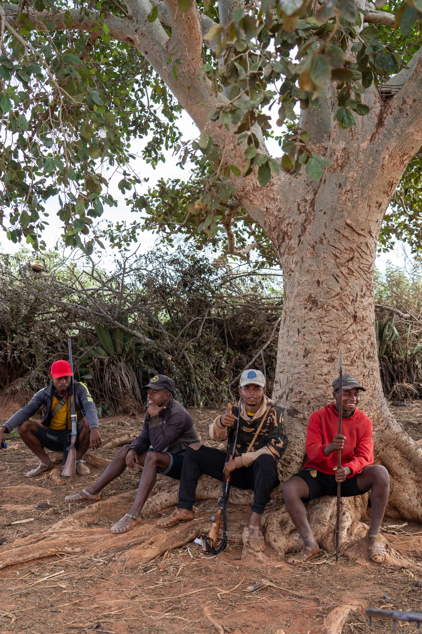 Bara men resting under a tree, Madagascar