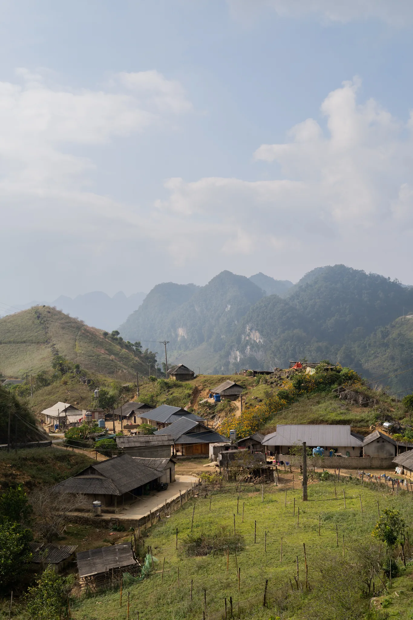 Village terraced into karst hillsides, Vietnam
